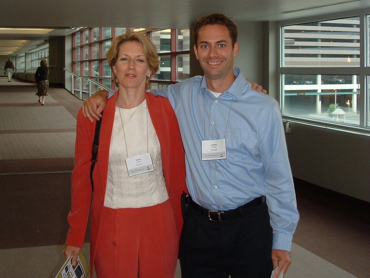 SAA staff members Karen Phelan and Jeremy Thomas at the 2004 SAA Conference