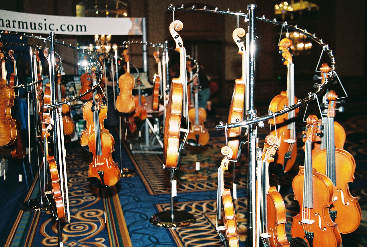 Violins in the exhibit area.