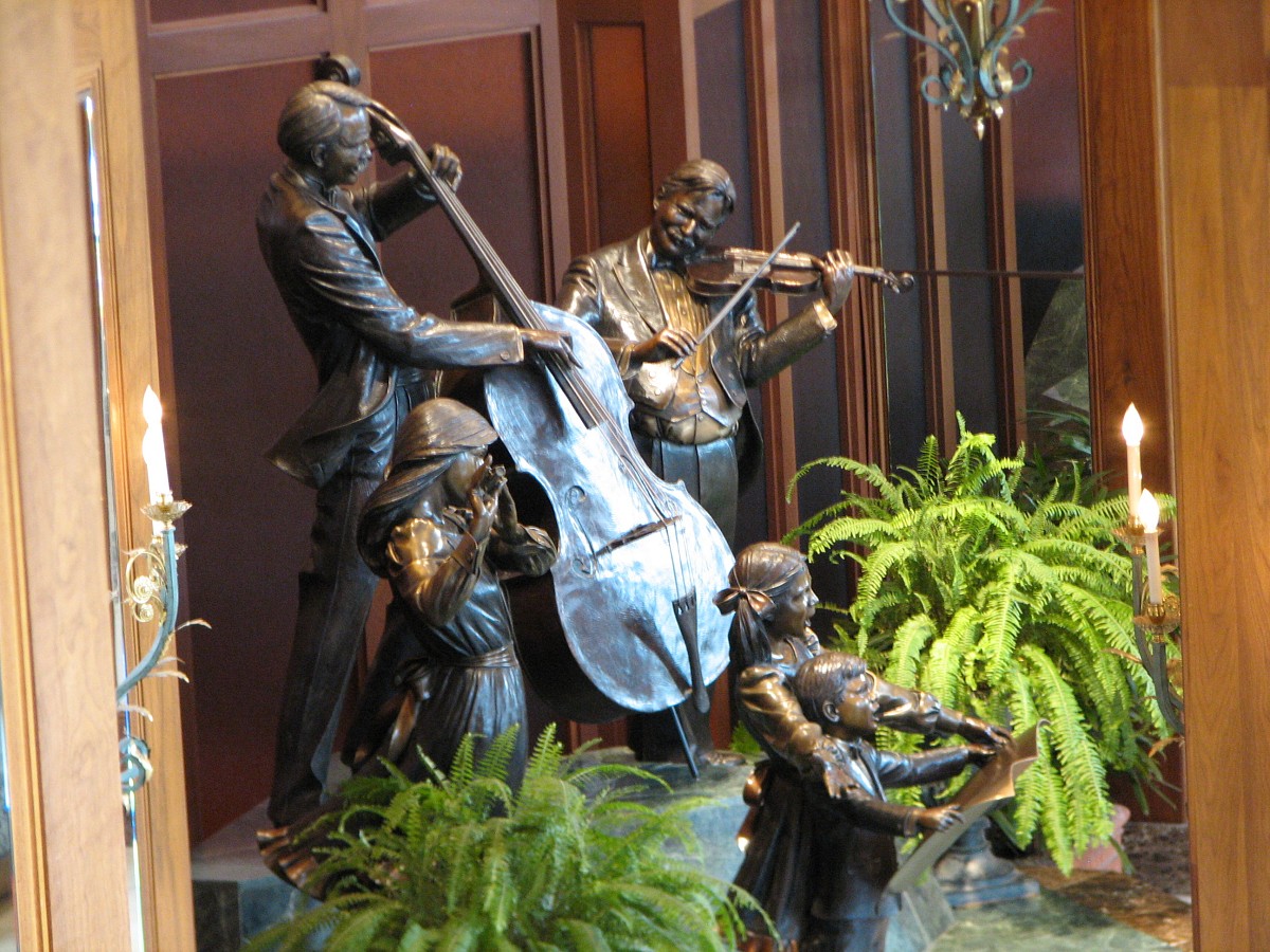 Hilton Hotel lobby statues.