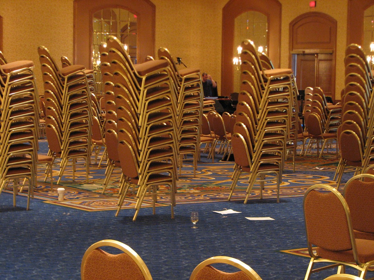 Towers of chairs in the Hilton hotel ballroom at the 2008 SAA Conference