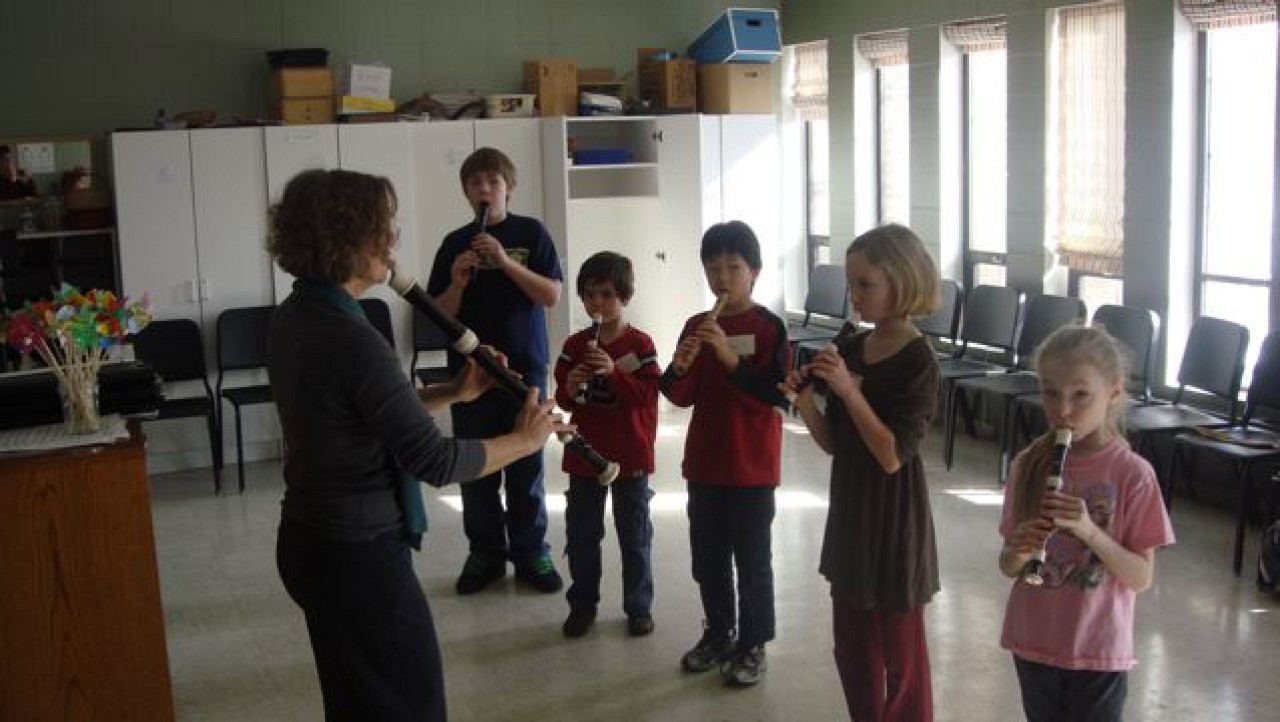 Students play recorder at the MacPhail Suzuki Winds Winter Workshop, Recorder Music and Movement Class, with David Gerry and Mary Halverson Waldo