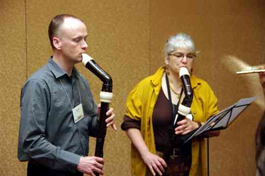 Patrick O’Malley and Kathleen Schoen at a flute and recorder playing session at the 2010 Conference
