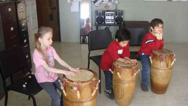 Student drummers from the MacPhail Suzuki Winds Winter Workshop, Recorder Music and Movement Class, with David Gerry and Mary Halverson Waldo