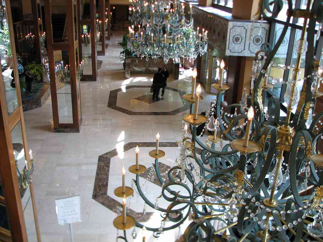Hilton Hotel lobby chandeliers.