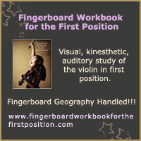 Advertisement: Fingerboard Workbook for the First Position: Visual, kinesthetic, auditory study of the violin in first position. Fingerboard geography handled!