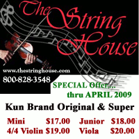 Advertisement: The String House: Special offer through April 2009 on Kun brand original and super shoulder rests: $17-$20
