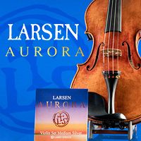 Advertisement: Shar Music violin fitted with Larsen Aurora strings with box art in placed in front.