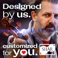 Advertisement: Man handing a Shar Music custom violin to viewer. Superimposed text reads: Designed by us. Customized for you.