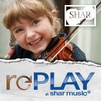 Advertisement: Happy little girl playing her violin with logo that reads “rePLAY at Shar Music.”
