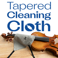 Advertisement: New Tapered Cleaning Cloth from Shar Music, draped through a violin fingerboard.