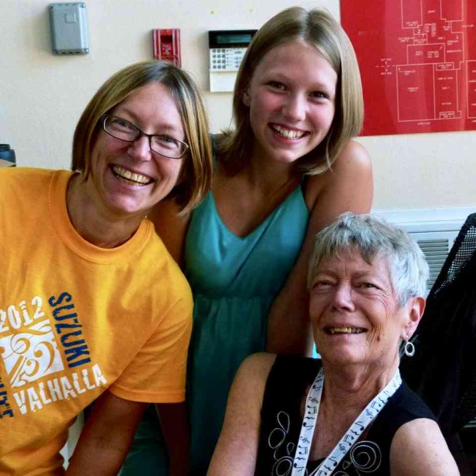 Miranda Hughes, Sophie Burkholder, Daphne Hughes (left to right) at the Valhalla Suzuki Institute.