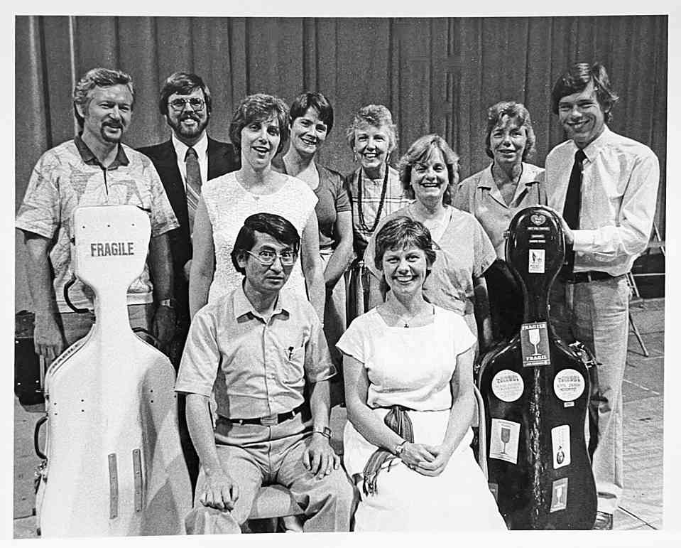 The Cello Committee in 1985 at Stevens Point ASI (Books Seven to Ten). Back Row, standing (left to right): Vaclav (Shuji) Adamira (TERI); Rick Mooney;