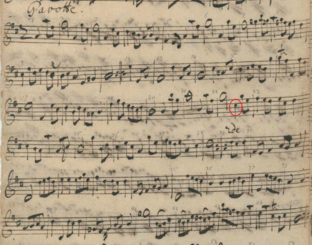 Example 1. The earliest version of the Violin I part from the Gavotte is  from ca. 1730 in Bach’s own hand. Note the C-sharp, which I have  circled in
