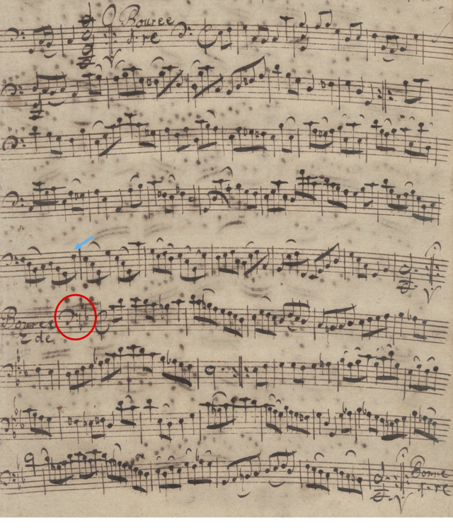 Example 4. Anna Magdalena Bach’s copy of J. S. Bach’s Bourrée I and II from the Cello Suite No. 3 (copied ca. 1727–1731)