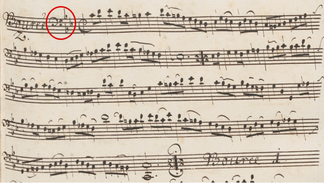 Example 5. The Bourrée II from an anonymous copy (sometimes called the Westphal copy) of J. S. Bach’s Bourrée from the Cello Suite No. 3 (copied ca. s