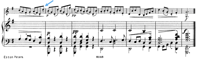 Example 7. The ending of Bourrée I (mm. 22–28) from Sara Heinze’s 1872 arrangement for violin and piano of J. S. Bach’s Bourrée from the Cello Suite N