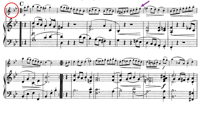Example 8. The beginning of Bourrée II (mm. 1–13) from Sara Heinze’s arrangement for violin and piano of J. S. Bach’s Bourrée from the Cello Suite No.